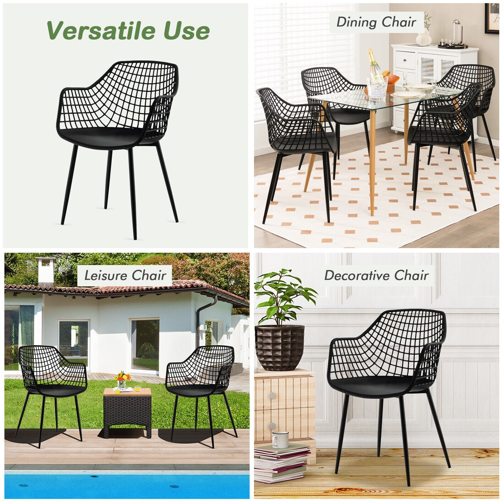 Set of 4 Heavy Duty Modern Dining Chairs, Airy Hollow Backrest, Black Dining Chairs at Gallery Canada