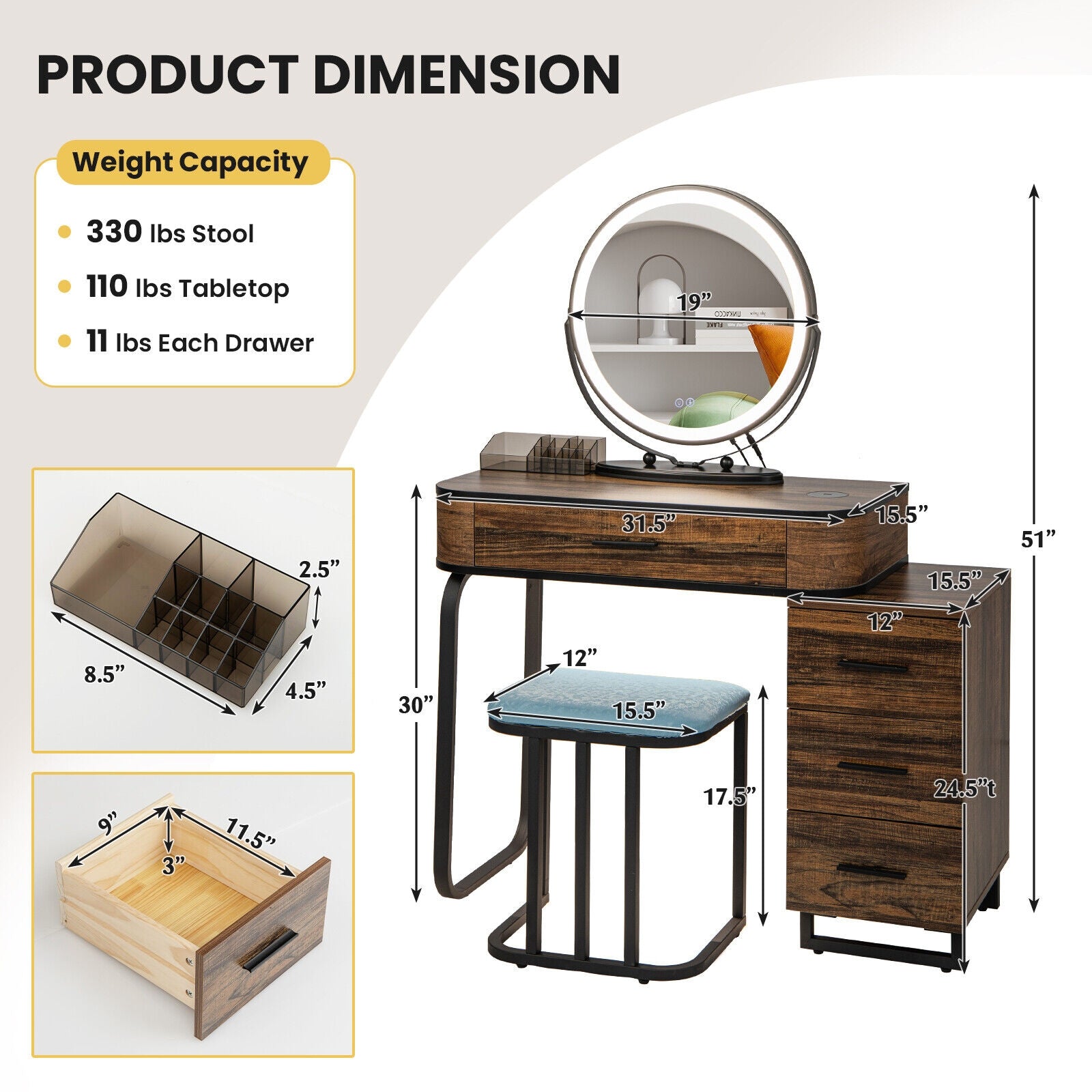 Vanity Table Set With 3-Color Lighted Mirror, Charging Station, Brown Makeup Vanities at Gallery Canada