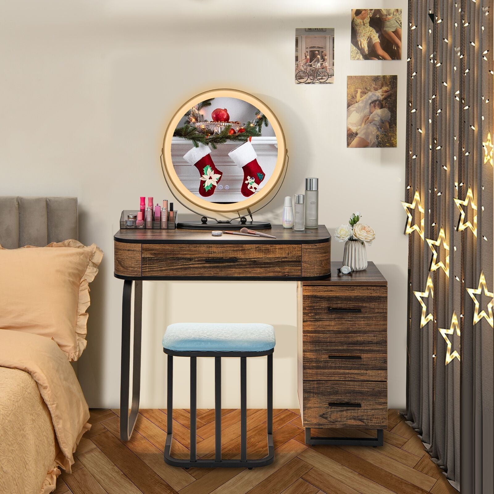 Vanity Table Set With 3-Color Lighted Mirror, Charging Station, Brown Makeup Vanities at Gallery Canada