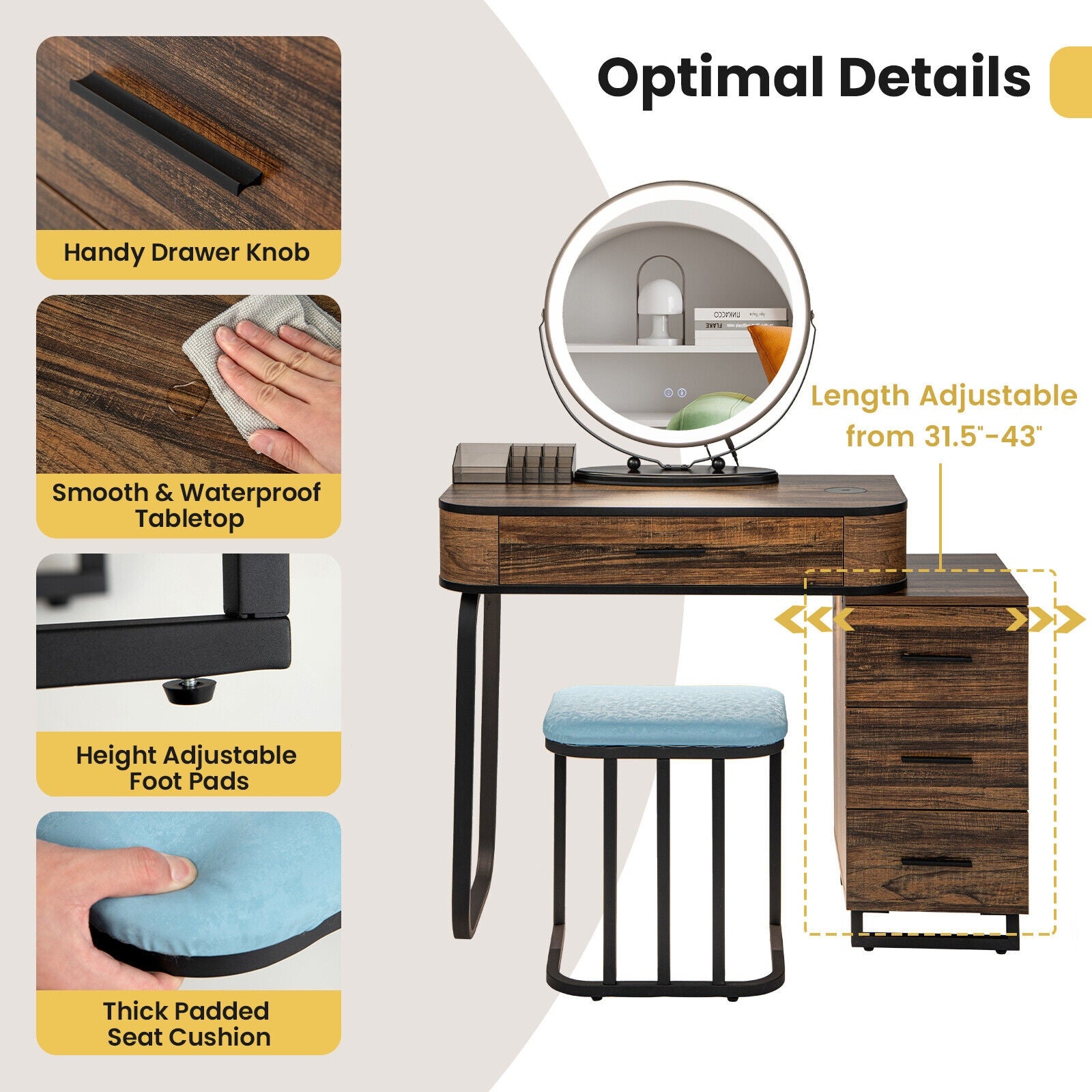 Vanity Table Set With 3-Color Lighted Mirror, Charging Station, Brown Makeup Vanities at Gallery Canada
