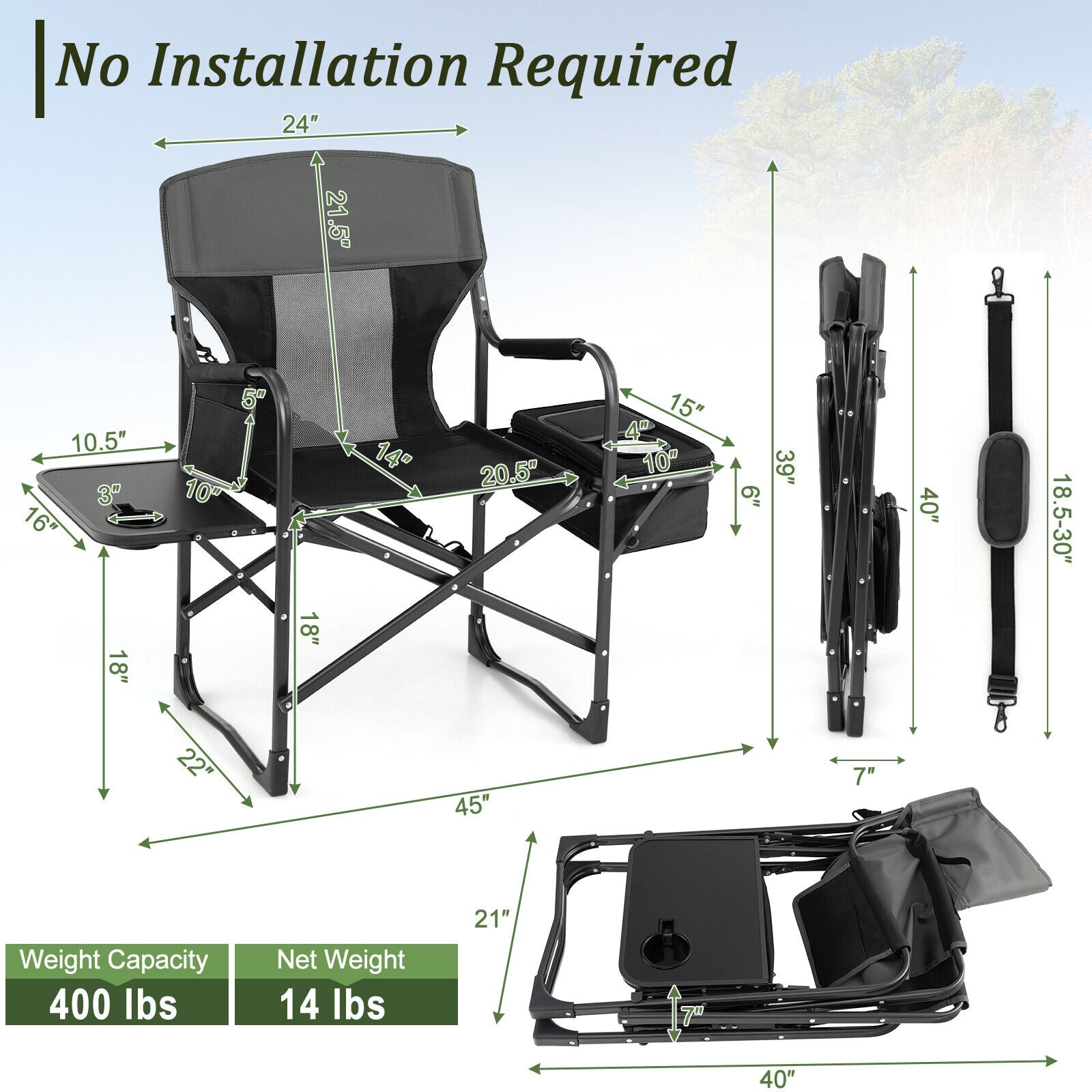 Folding Camping Director Chair With Cooler Bag, Side Table, Black Camping Furniture at Gallery Canada