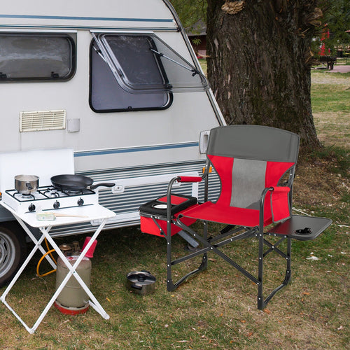 Folding Camping Director Chair With Cooler Bag, Side Table, Red