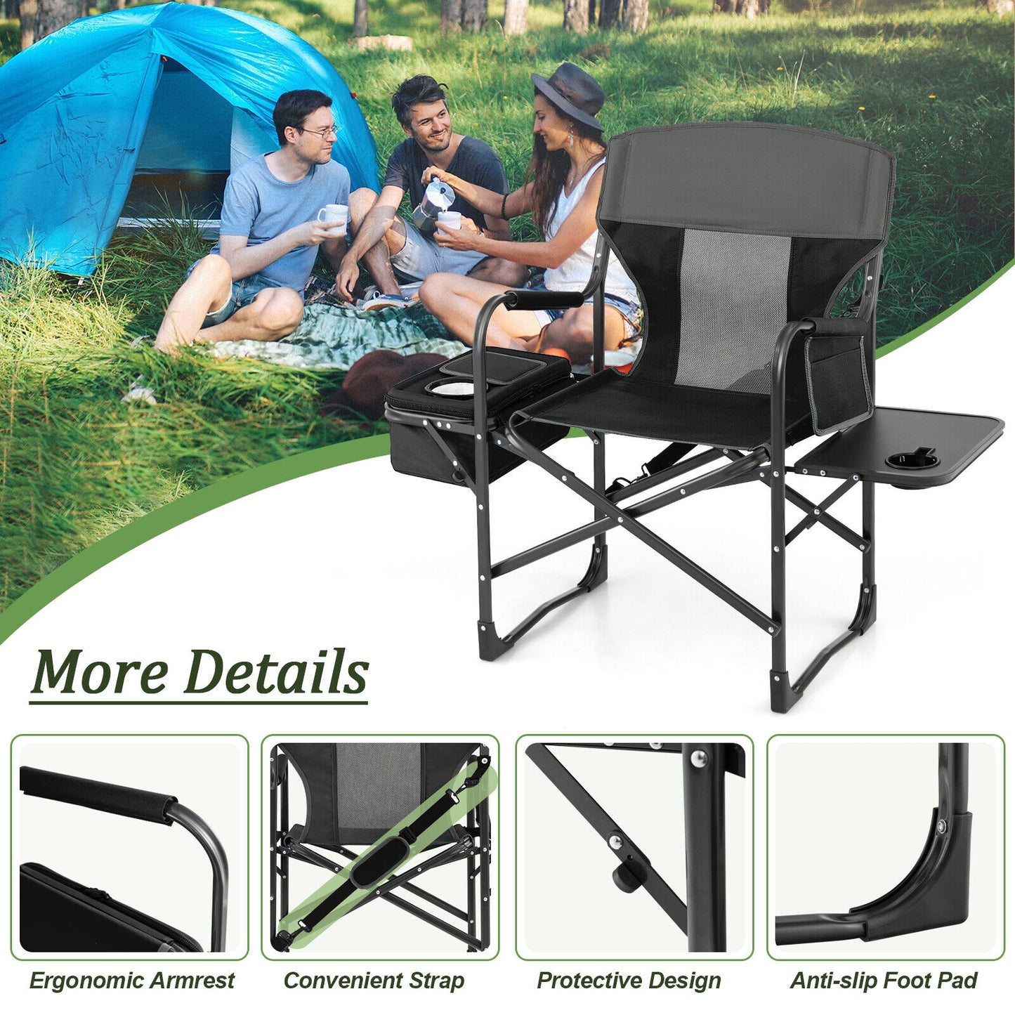 Folding Camping Director Chair With Cooler Bag, Side Table, Black Camping Furniture at Gallery Canada
