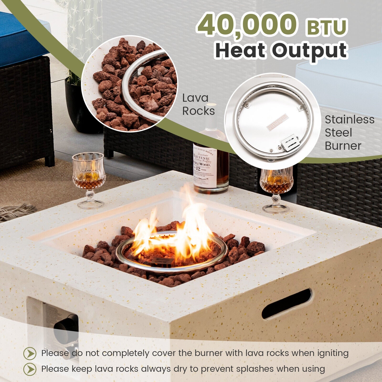 28 Inch 40000 BTU Square Propane Fire Pit, With PVC Cover, White Fire Pits at Gallery Canada