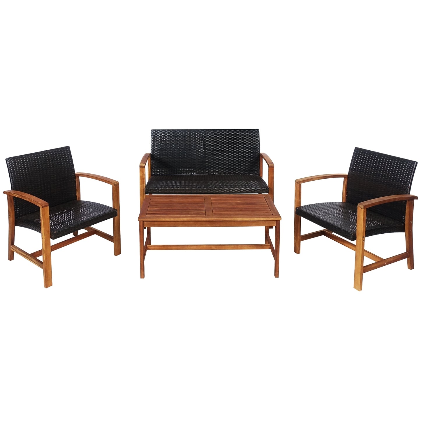 4 Pieces PE Rattan Patio Furniture Set with Acacia Wood Patio Conversation Sets at Gallery Canada
