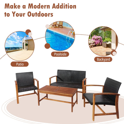 4 Pieces PE Rattan Patio Furniture Set with Acacia Wood Patio Conversation Sets at Gallery Canada