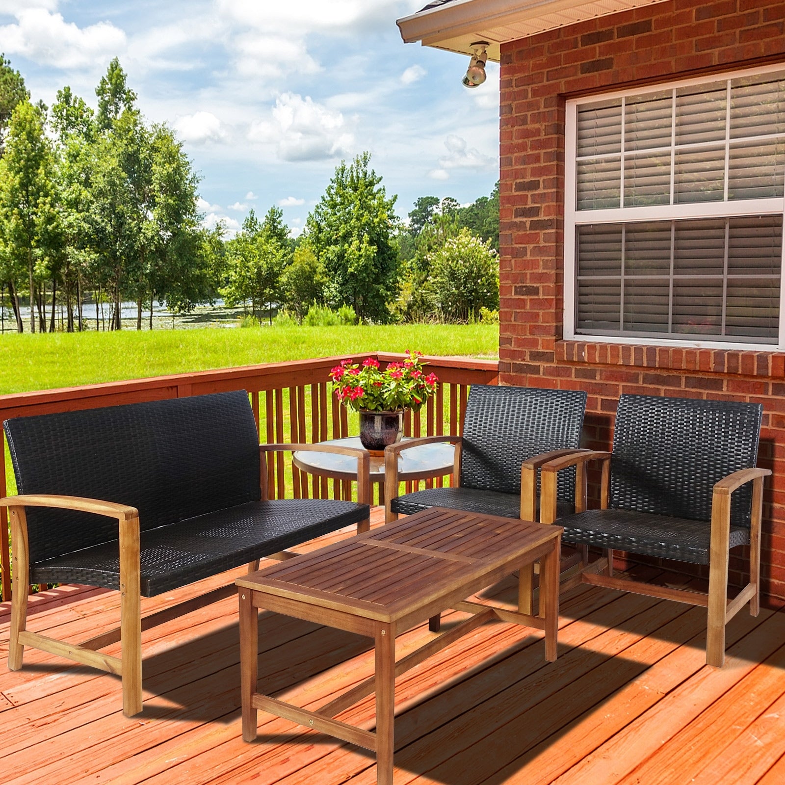 4 Pieces PE Rattan Patio Furniture Set with Acacia Wood Patio Conversation Sets at Gallery Canada