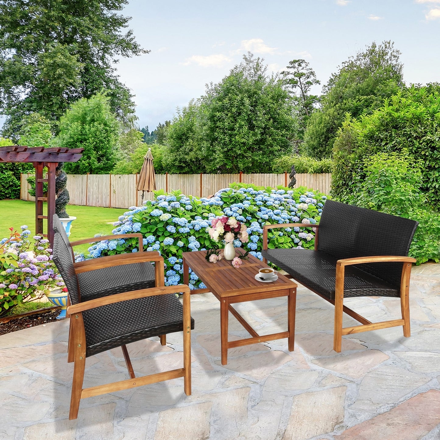4 Pieces PE Rattan Patio Furniture Set with Acacia Wood Patio Conversation Sets at Gallery Canada