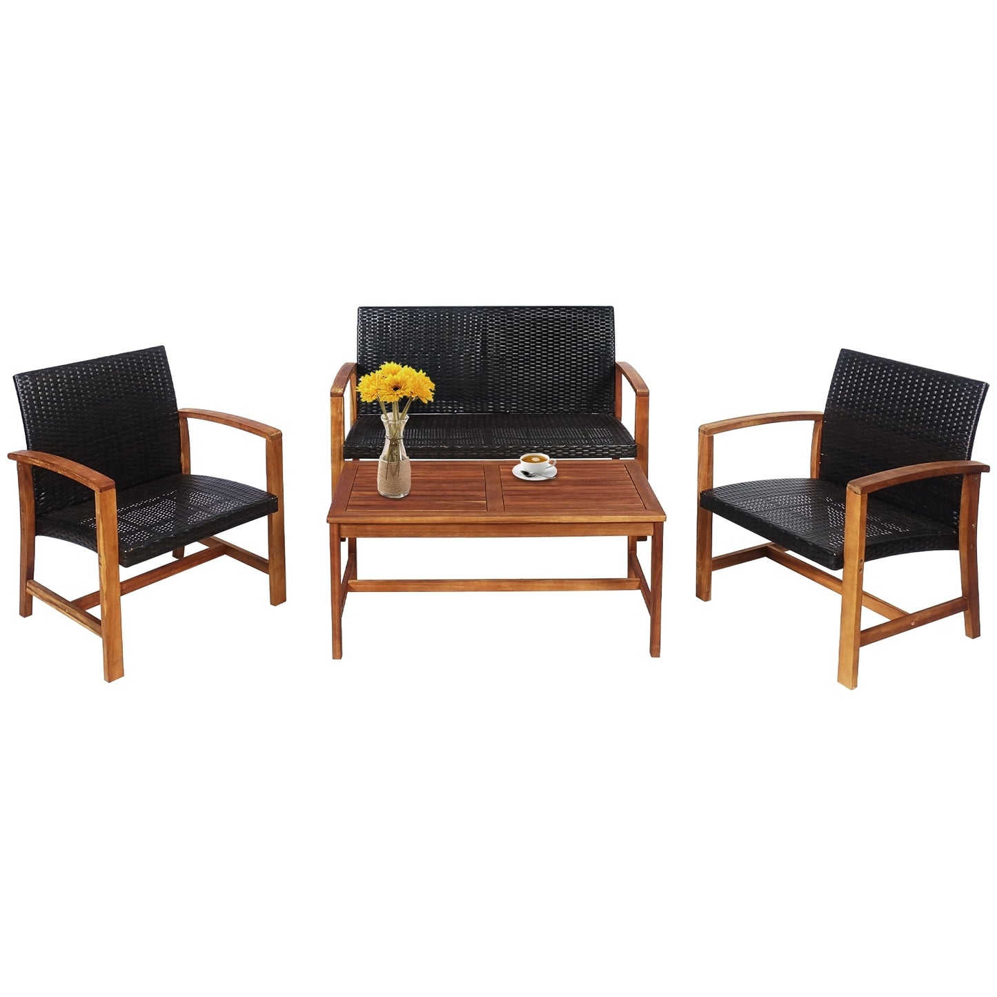 4 Pieces PE Rattan Patio Furniture Set with Acacia Wood Patio Conversation Sets at Gallery Canada