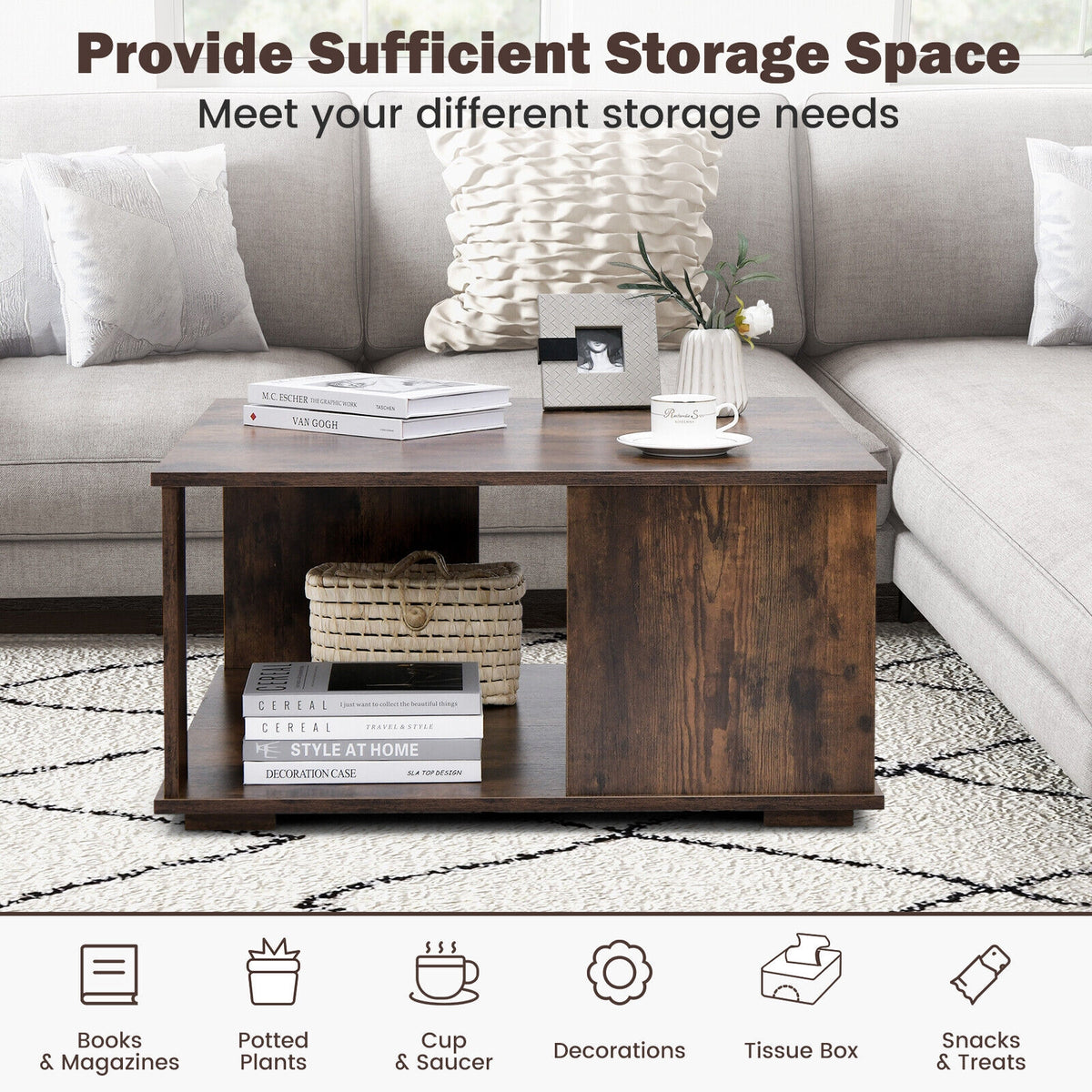 2 Tier Square Coffee Table With Storage, Rustic Brown Coffee Tables at Gallery Canada