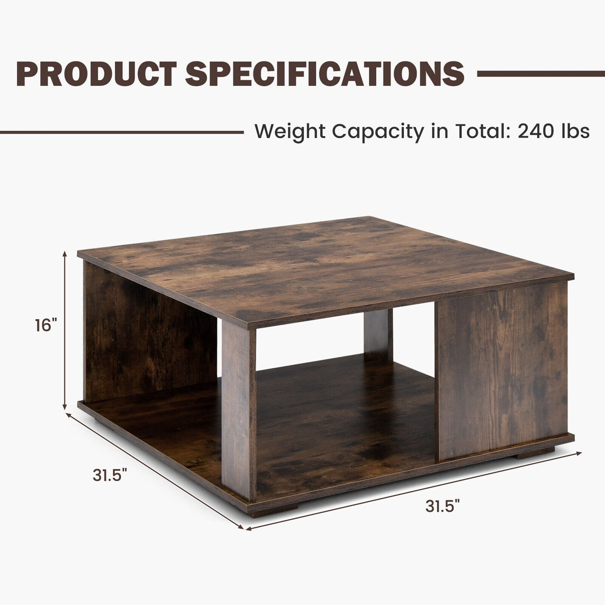 2 Tier Square Coffee Table With Storage, Rustic Brown Coffee Tables at Gallery Canada