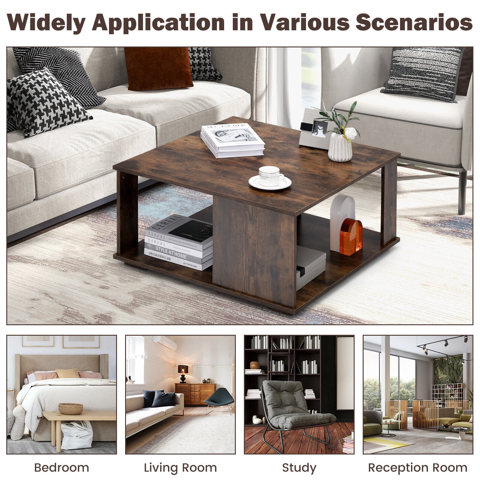 2 Tier Square Coffee Table With Storage, Rustic Brown Coffee Tables at Gallery Canada