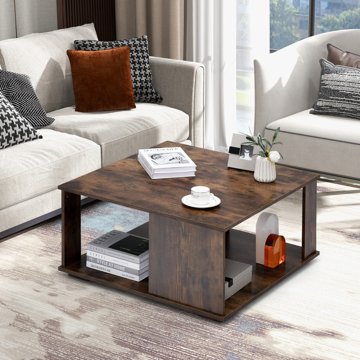 2 Tier Square Coffee Table With Storage, Rustic Brown Coffee Tables at Gallery Canada