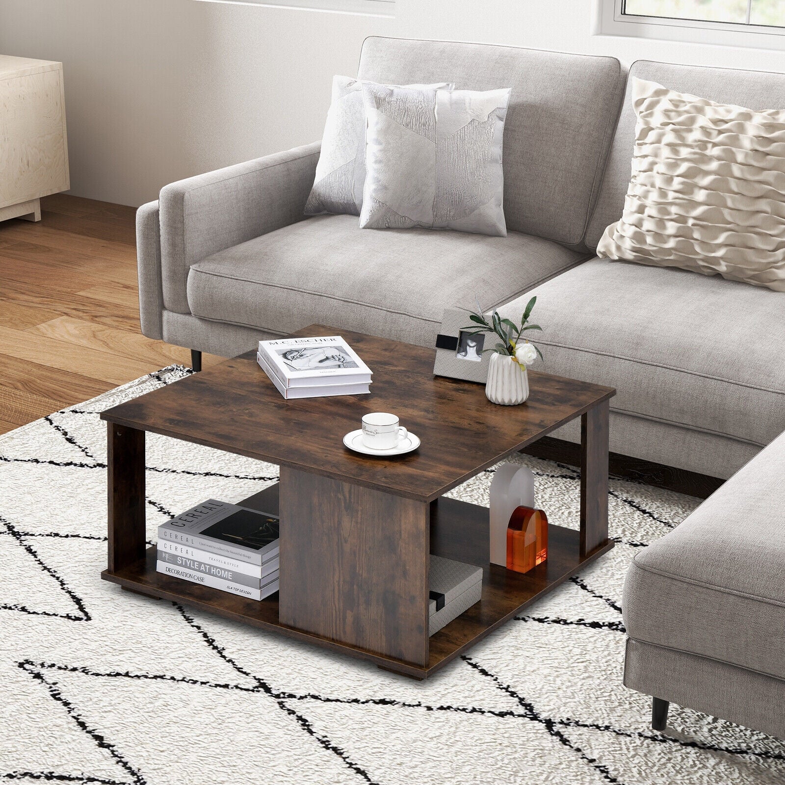 2 Tier Square Coffee Table With Storage, Rustic Brown Coffee Tables at Gallery Canada