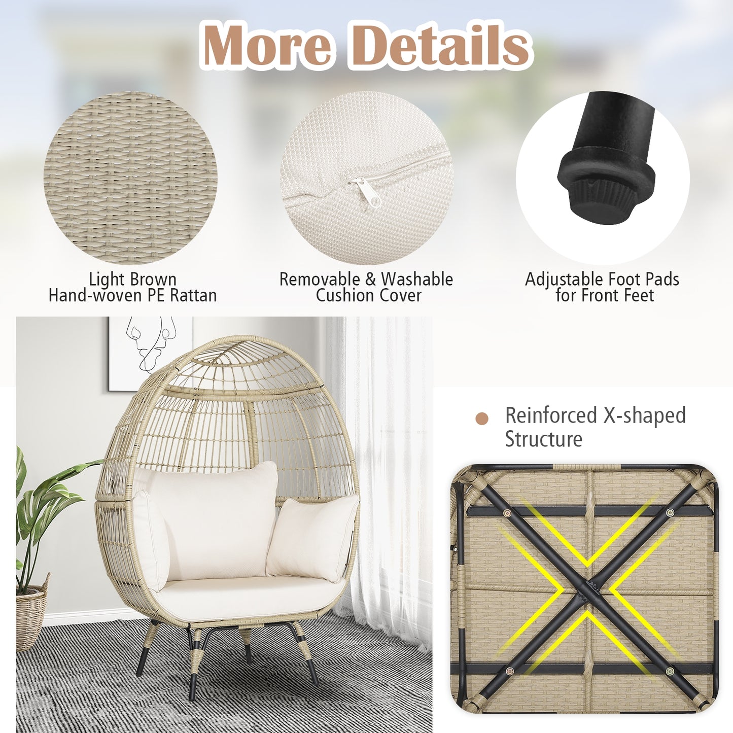 Oversized Rattan Egg Lounge Chair, 4 Cushions, Light Brown Outdoor Chaise Lounges at Gallery Canada