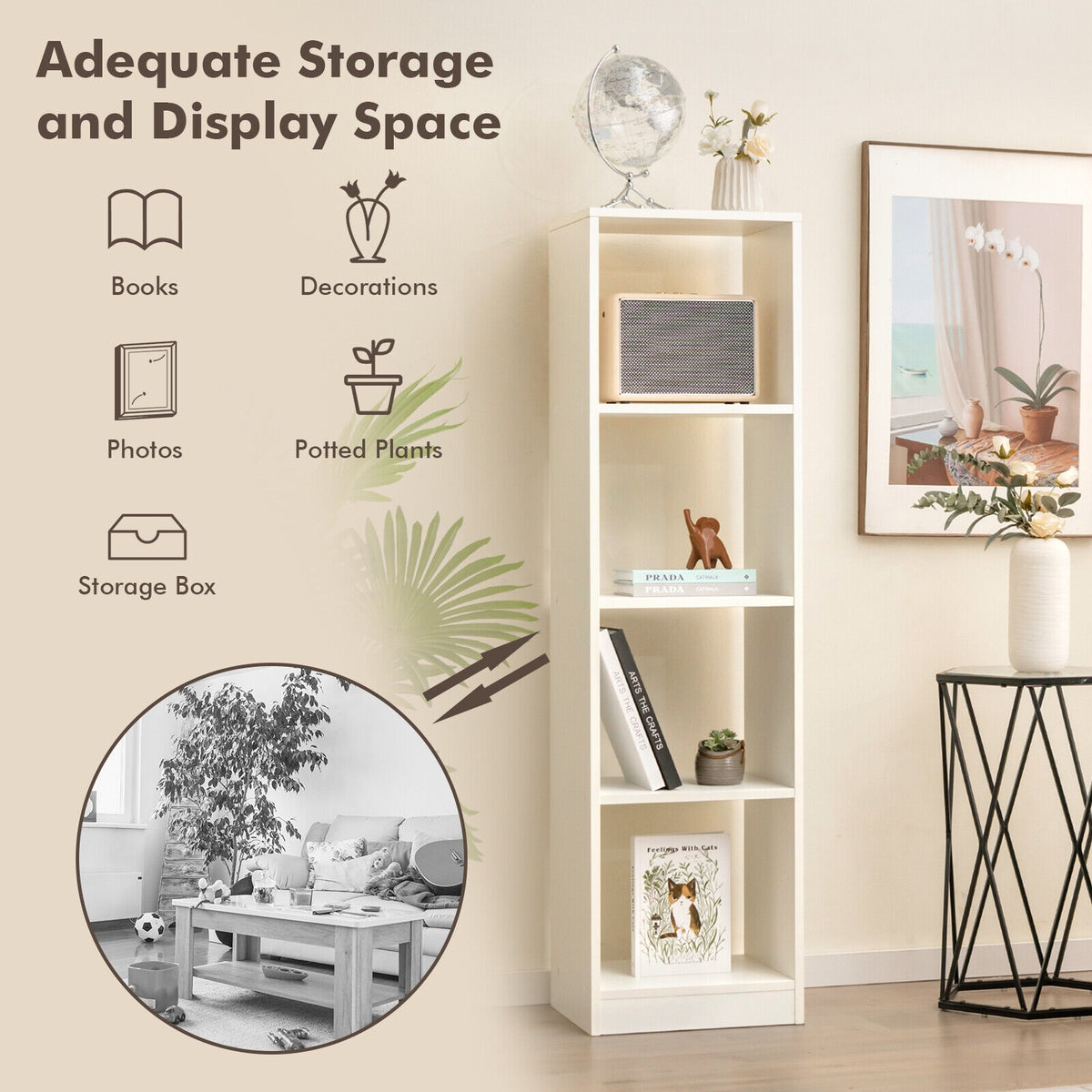 5 Tier 4 Cube Narrow Bookshelf, 4 Anti-Tipping Kits, White Bookcases at Gallery Canada
