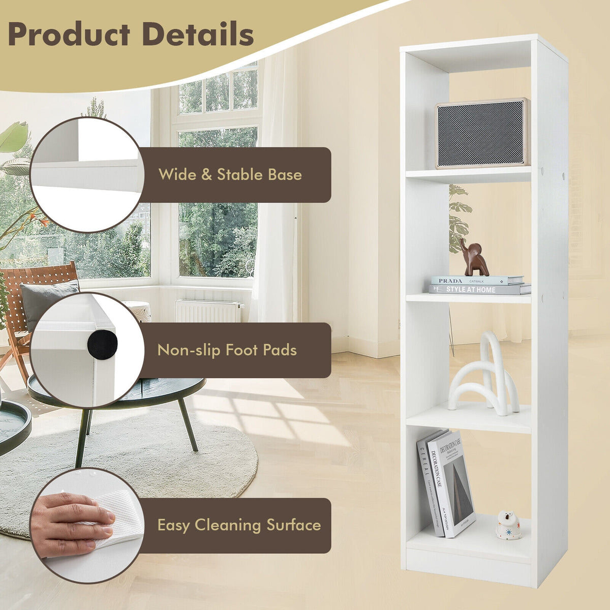 5 Tier 4 Cube Narrow Bookshelf, 4 Anti-Tipping Kits, White Bookcases at Gallery Canada