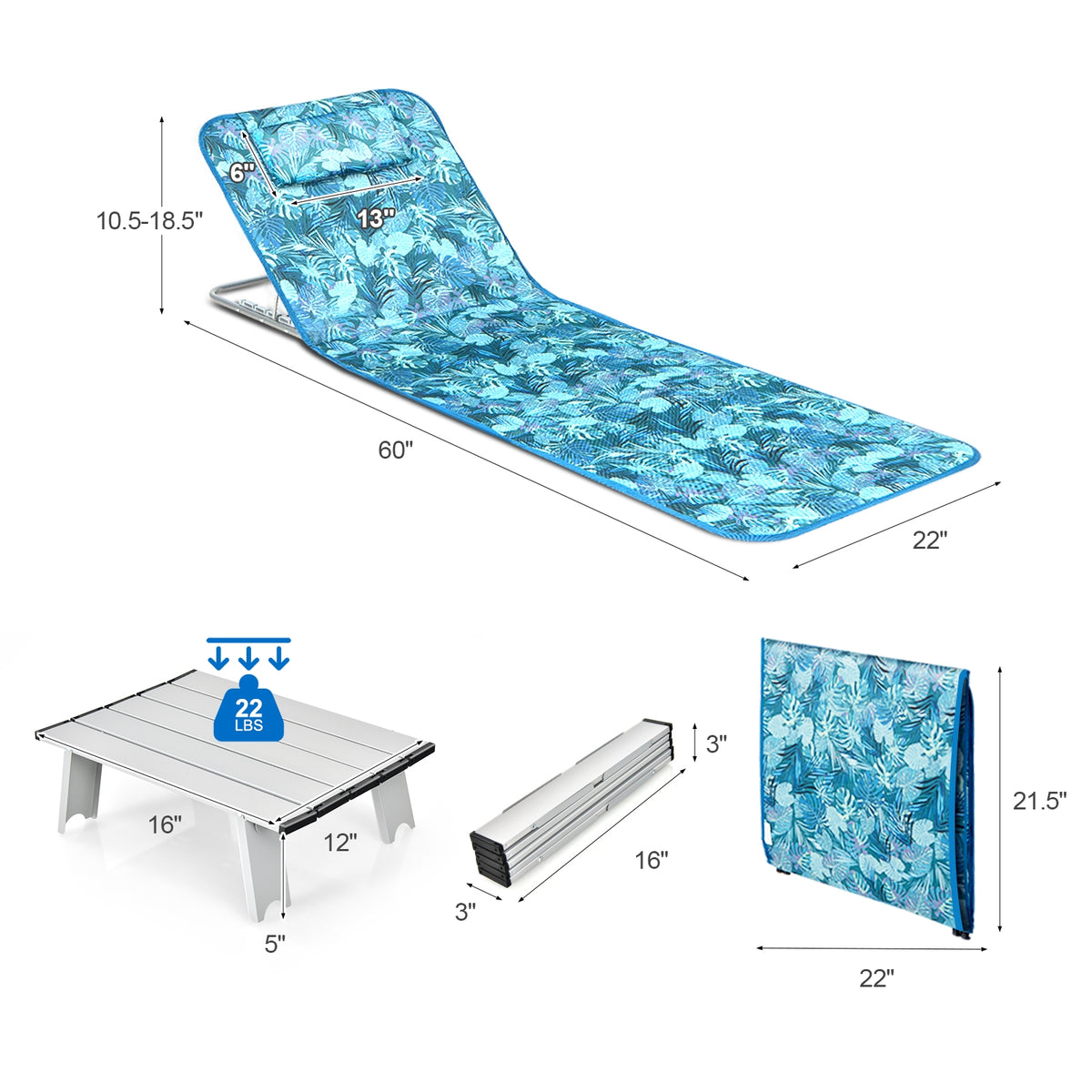 3 Piece Beach Lounge Chair Set, 2 Adjustable Chairs With Table, Green Beach & Lawn Chairs at Gallery Canada