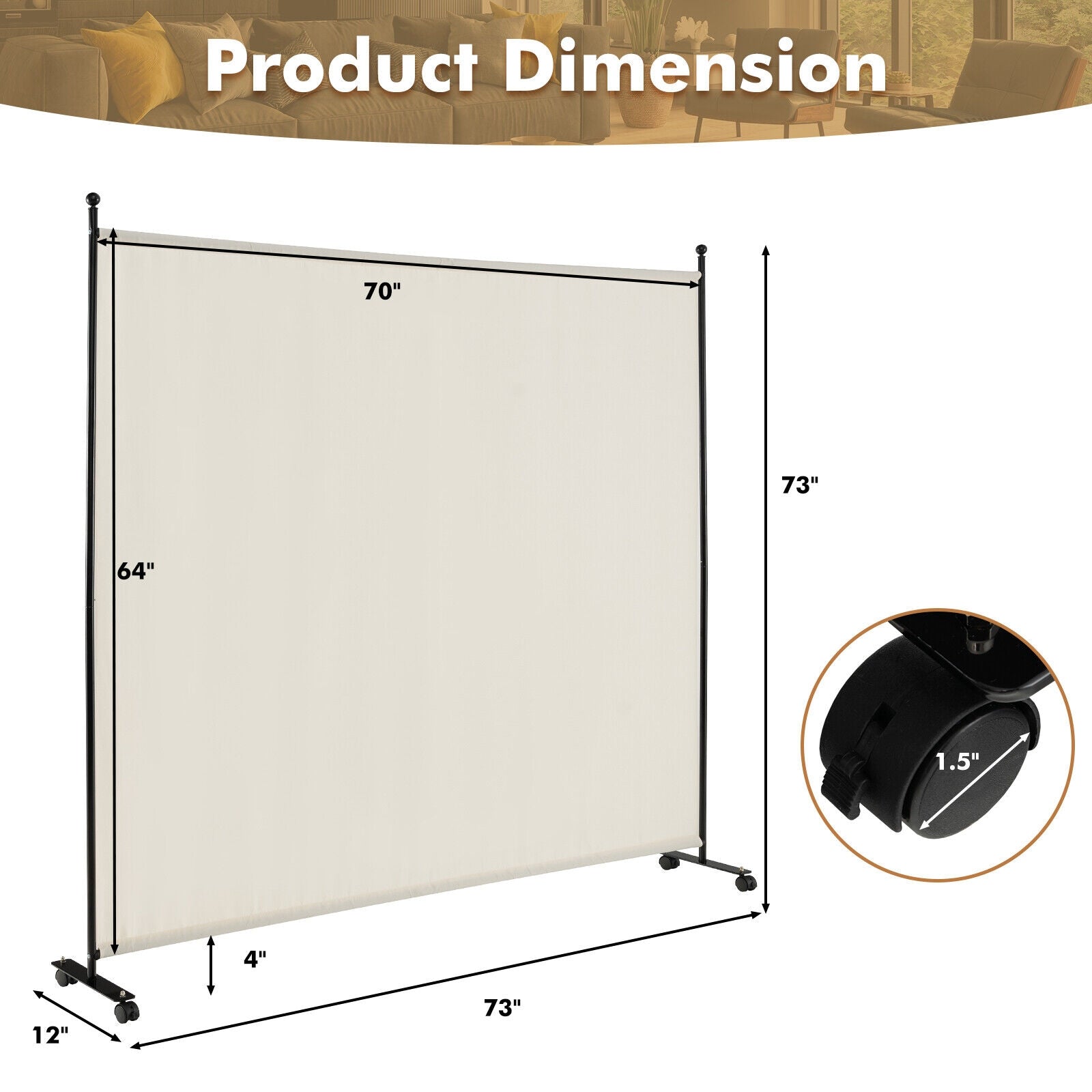 6 Feet Single Panel Rolling Room Divider, White Room Dividers at Gallery Canada