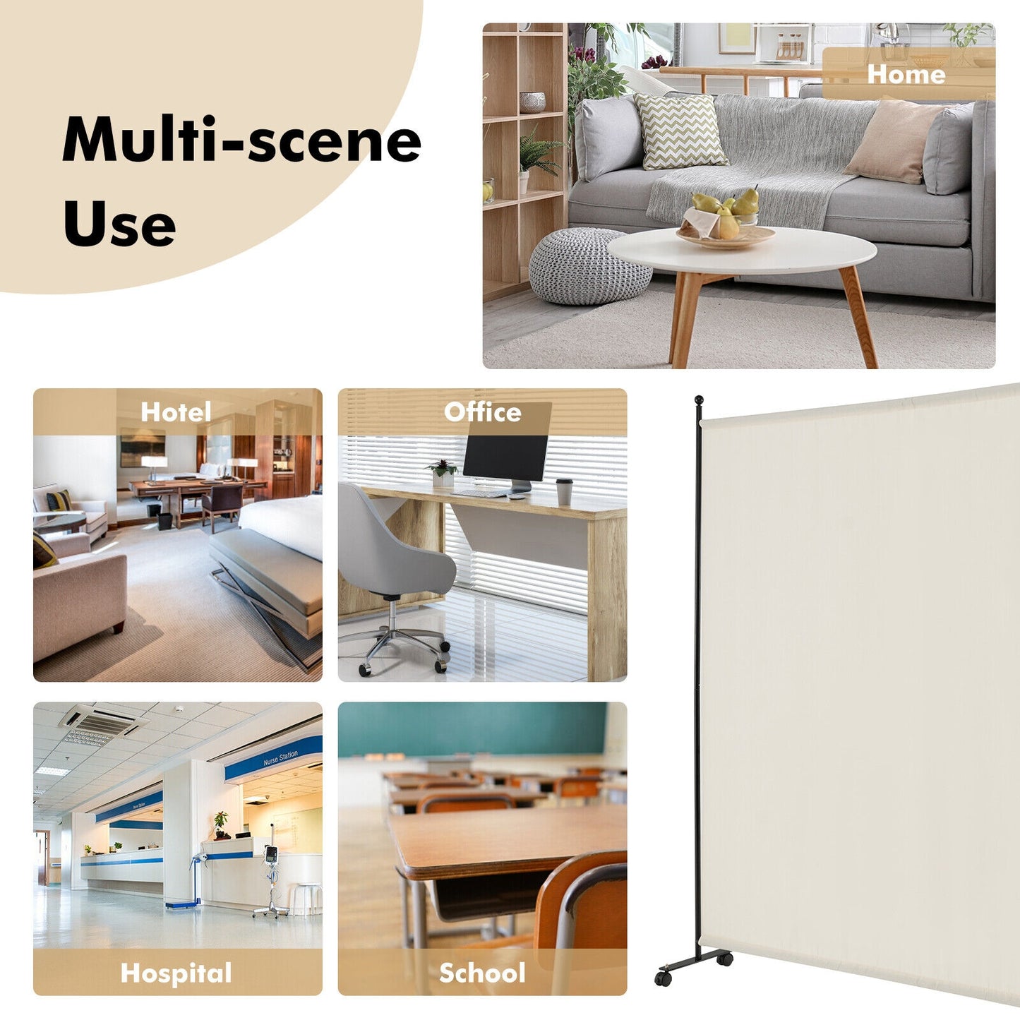 6 Feet Single Panel Rolling Room Divider, White Room Dividers at Gallery Canada