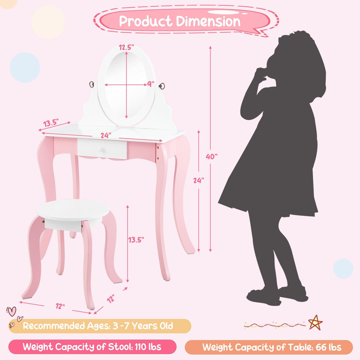 Kids Vanity Set With Rotatable Mirror, Pink Kids Vanities at Gallery Canada