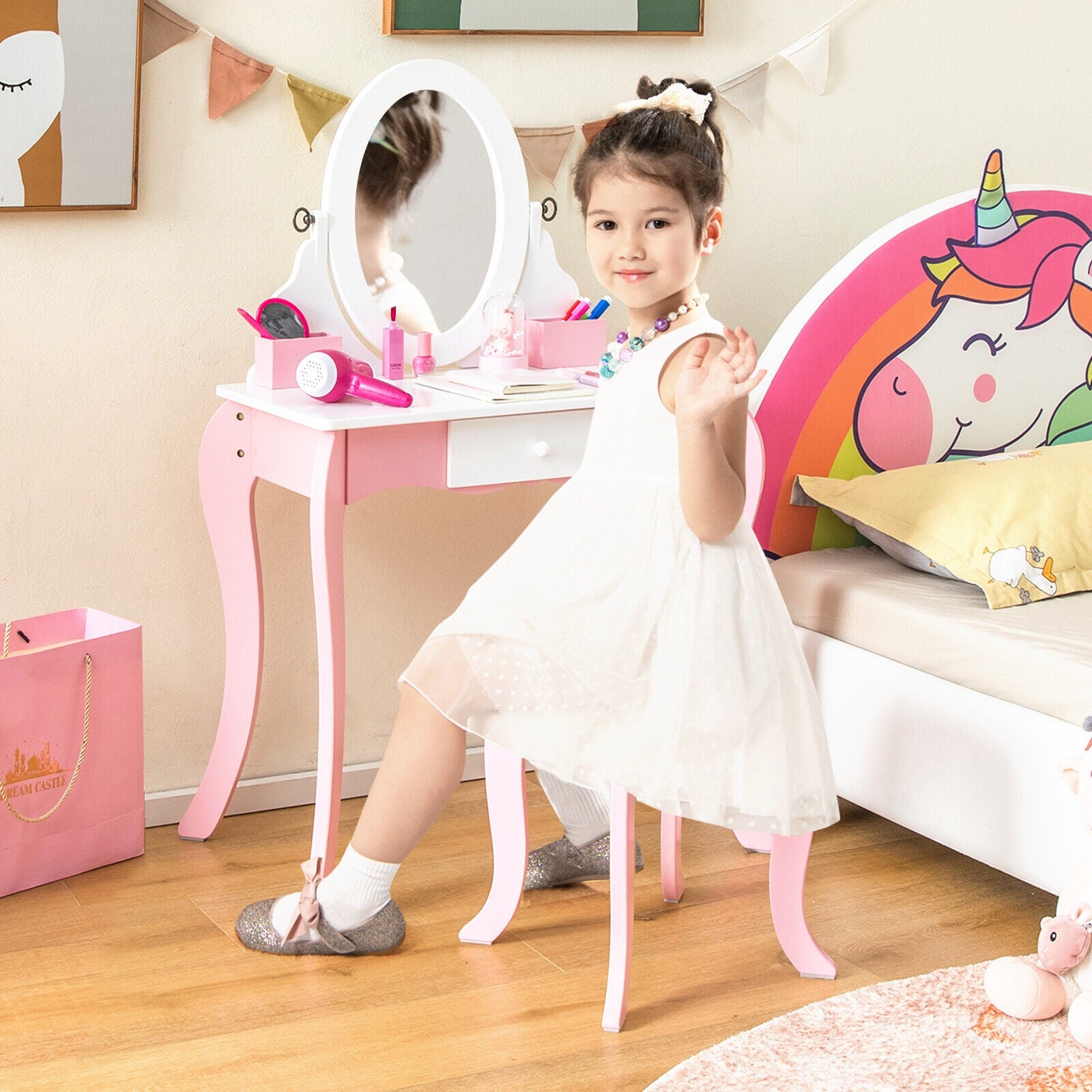 Kids Vanity Set With Rotatable Mirror, Pink Kids Vanities at Gallery Canada