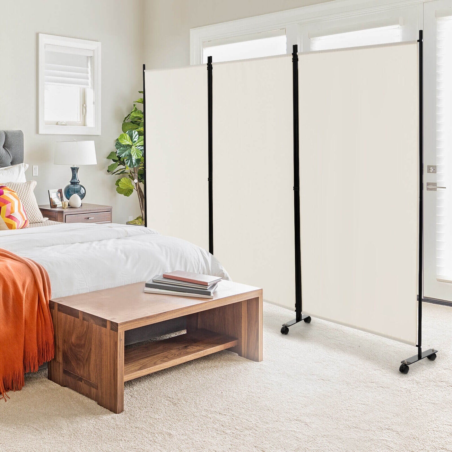 3 Panel Folding Room Divider With Lockable Wheels, White Room Dividers at Gallery Canada