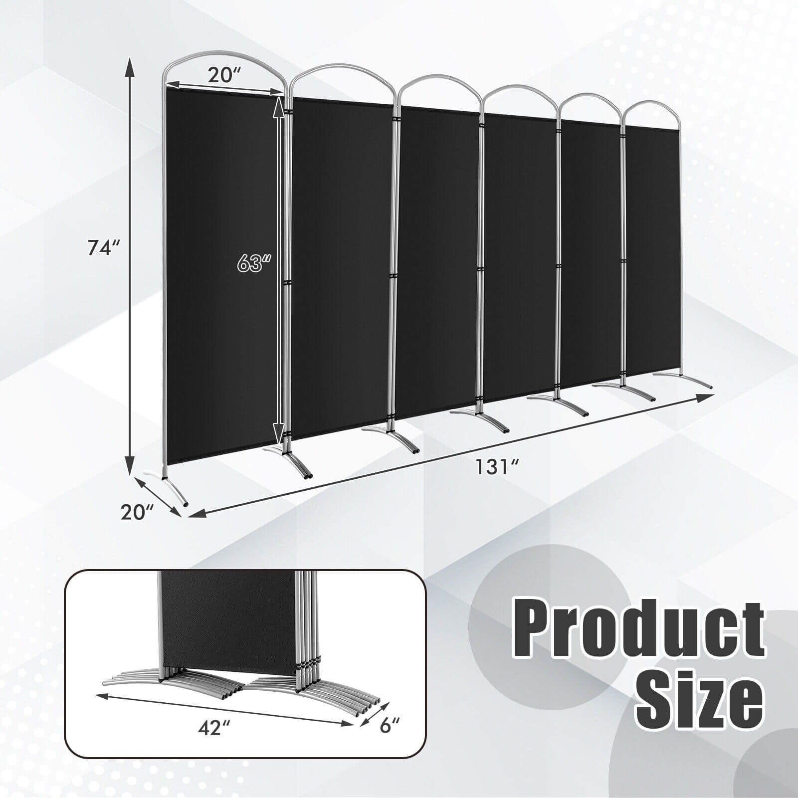 6-Panel Freestanding Folding Privacy Screen, Black Room Dividers at Gallery Canada