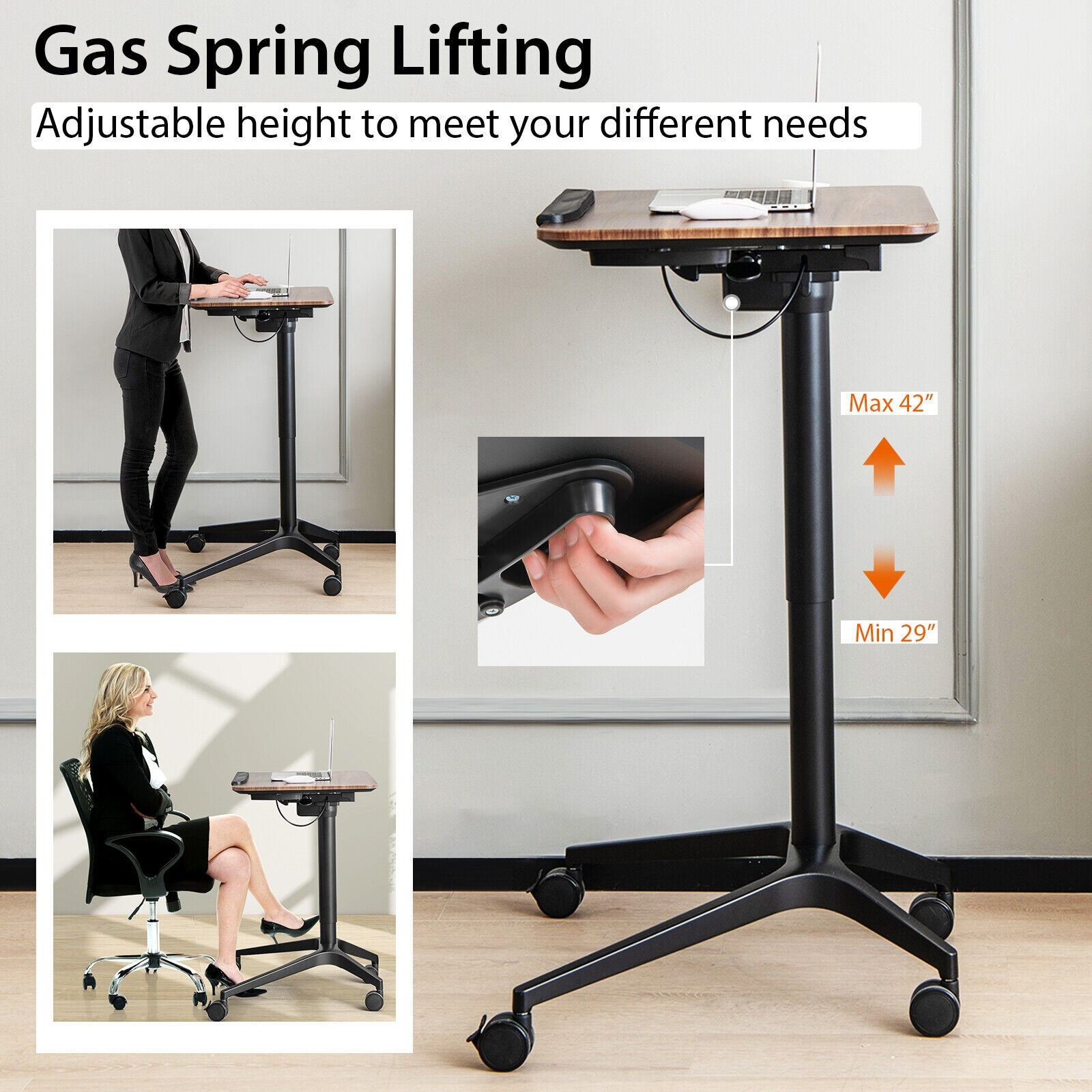 Pneumatic Standing Desk, Anti-Fall Baffle, Cup Holder, Brown Laptop Tables & Printer Stands at Gallery Canada