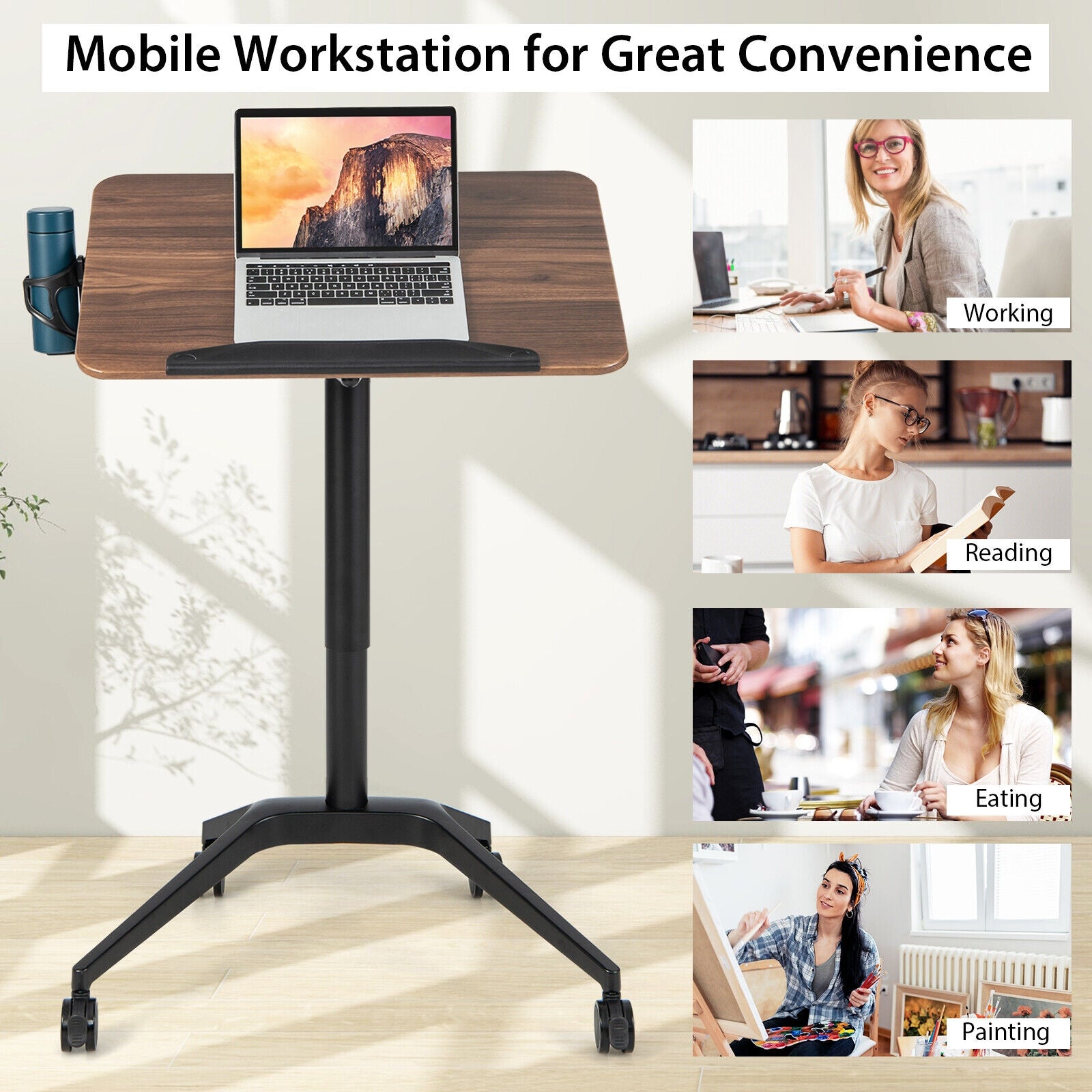 Pneumatic Standing Desk, Anti-Fall Baffle, Cup Holder, Brown Laptop Tables & Printer Stands at Gallery Canada
