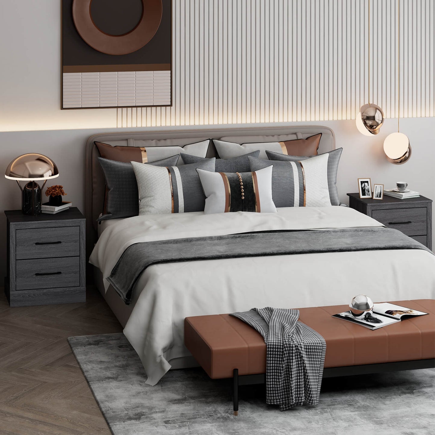 Compact Wood Floor Nightstand, Storage Drawers, Dark Gray Nightstands at Gallery Canada