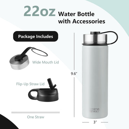 22 Oz Double-Walled Insulated Stainless Steel Water Bottle, 2 Lids, Gray Kitchen Utensils at Gallery Canada