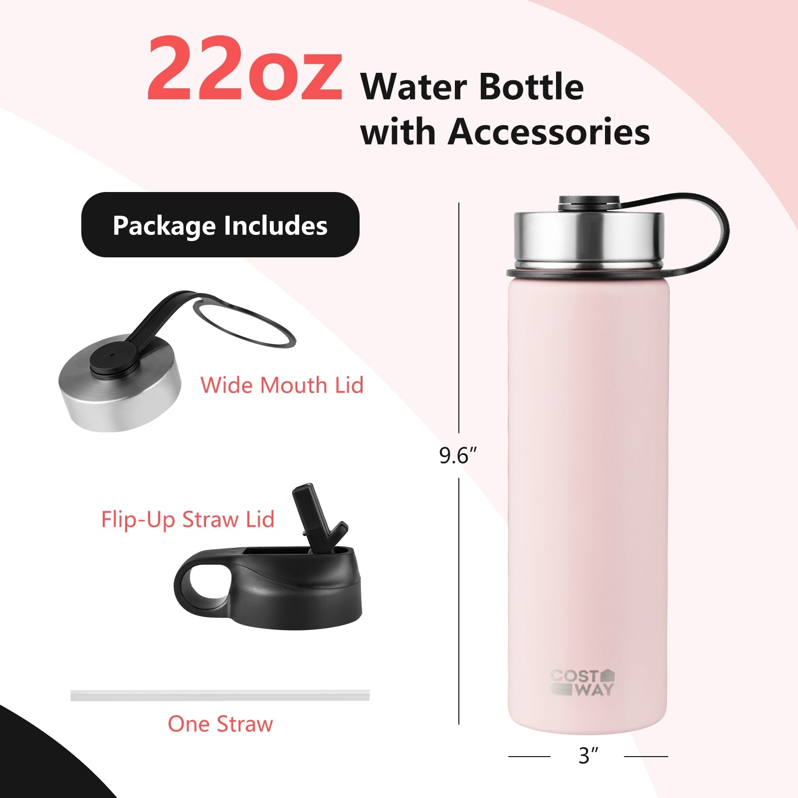 22 Oz Double-Walled Insulated Stainless Steel Water Bottle, 2 Lids, Pink Kitchen Utensils at Gallery Canada