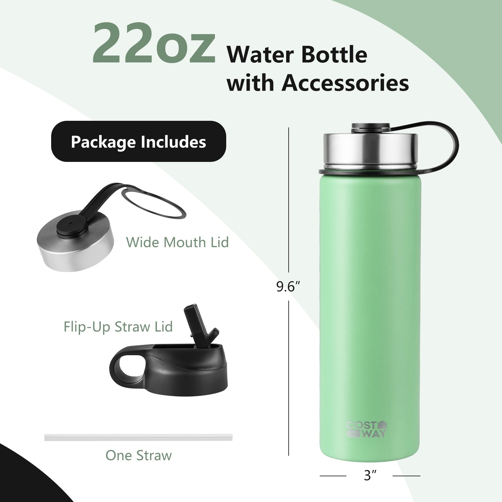 22 Oz Double-Walled Insulated Steel Water Bottle, 2 Lids, Straw, Green Kitchen Utensils at Gallery Canada