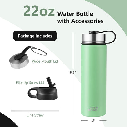 22 Oz Double-Walled Insulated Steel Water Bottle, 2 Lids, Straw, Green Kitchen Utensils at Gallery Canada
