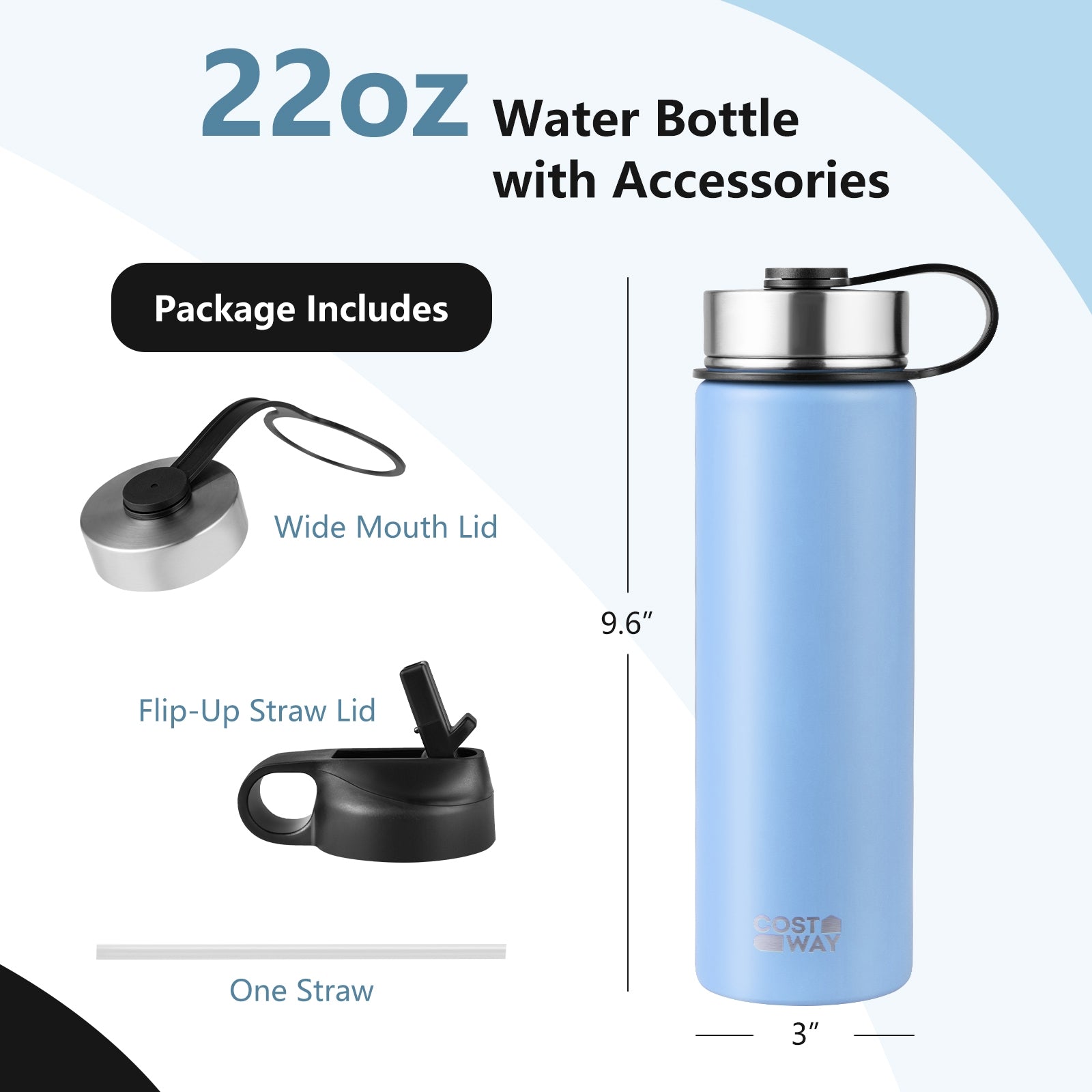 22 Oz Double-Walled Insulated Stainless Steel Water Bottle, 2 Lids, Straw, Blue Kitchen Utensils at Gallery Canada