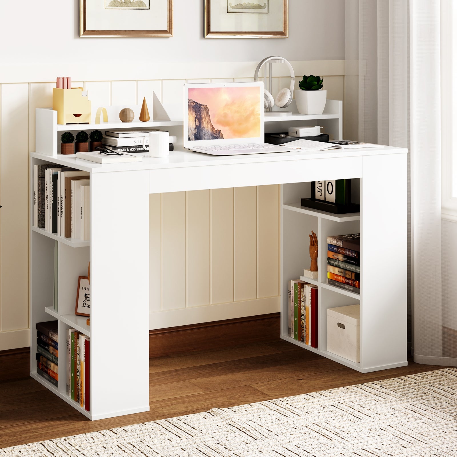 Computer Desk With Dual 3 Tier Bookshelf, Monitor Shelf, White Computer Desks at Gallery Canada