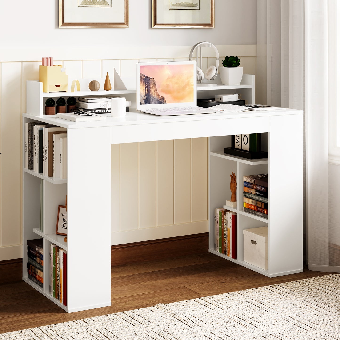 Computer Desk With Dual 3 Tier Bookshelf, Monitor Shelf, White Computer Desks at Gallery Canada