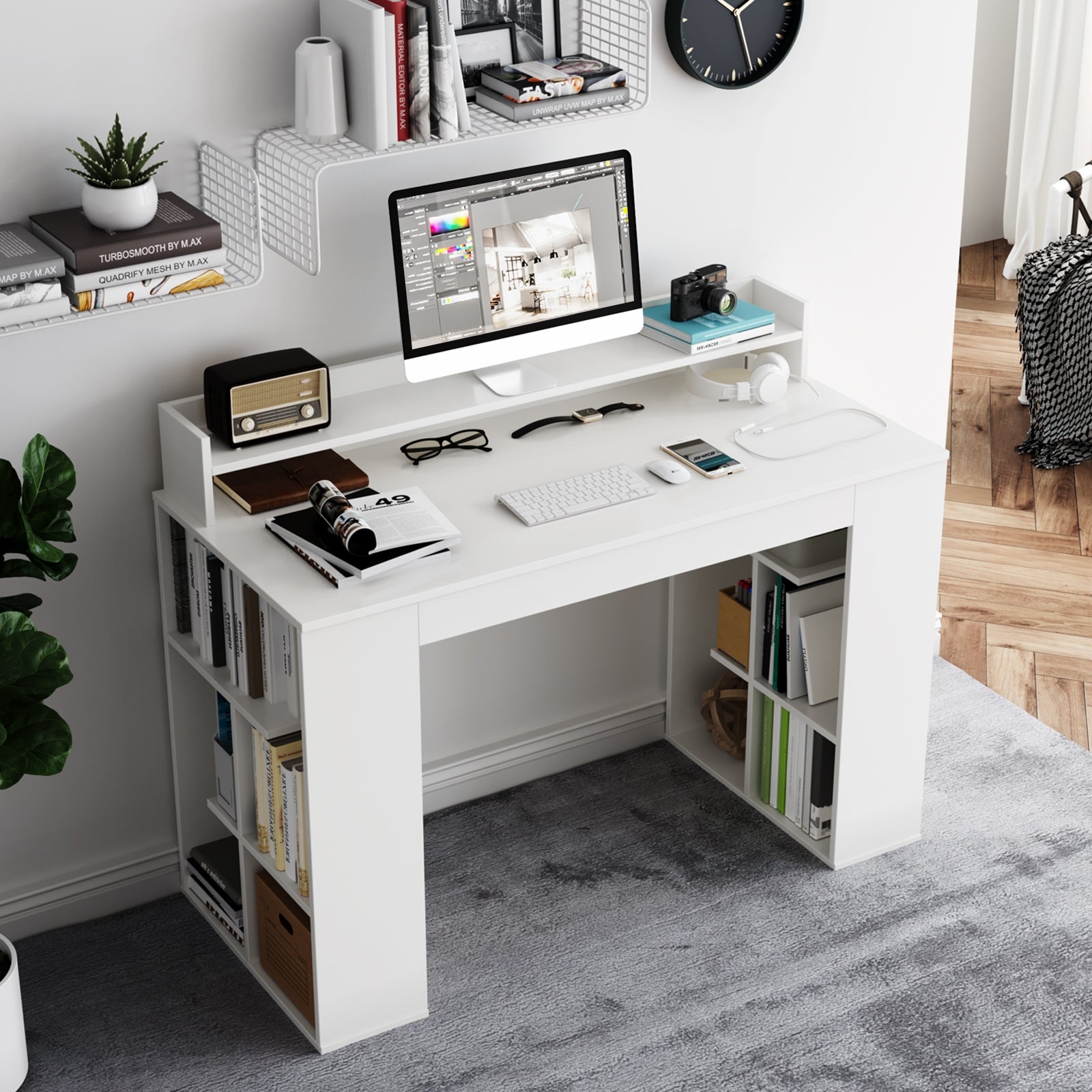 Computer Desk With Dual 3 Tier Bookshelf, Monitor Shelf, White Computer Desks at Gallery Canada