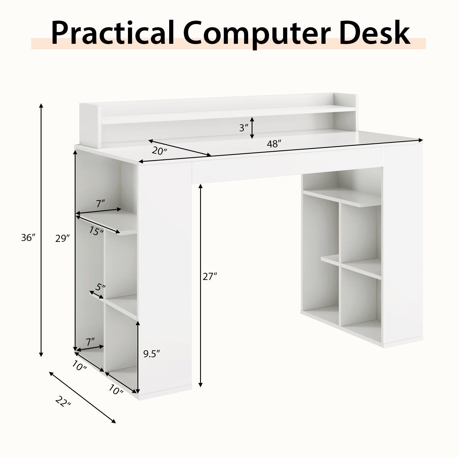 Computer Desk With Dual 3 Tier Bookshelf, Monitor Shelf, White Computer Desks at Gallery Canada