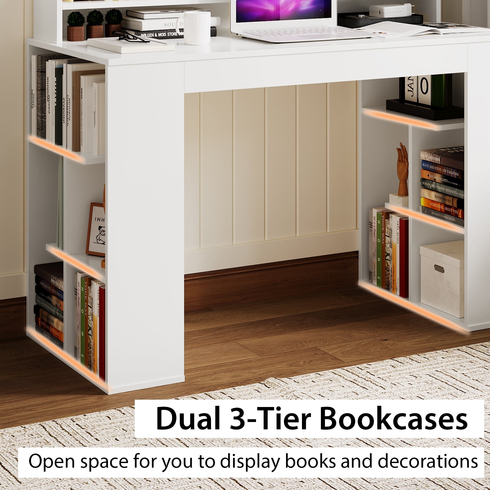 Computer Desk With Dual 3 Tier Bookshelf, Monitor Shelf, White Computer Desks at Gallery Canada