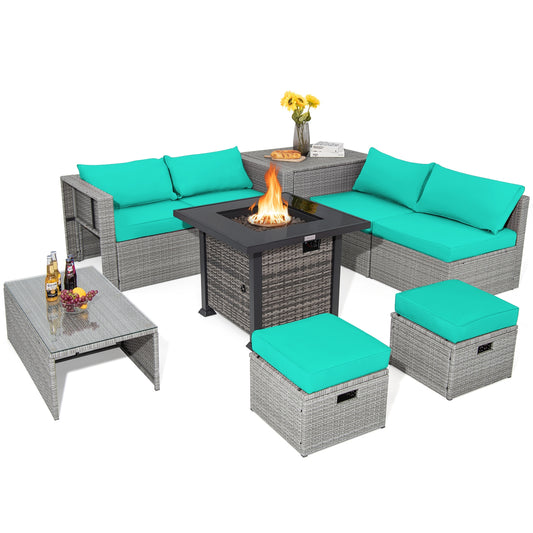 9-Piece Outdoor Patio Furniture Set, 32-Inch Propane Fire Pit Table, Turquoise Outdoor Sectionals Turquoise at Gallery Canada