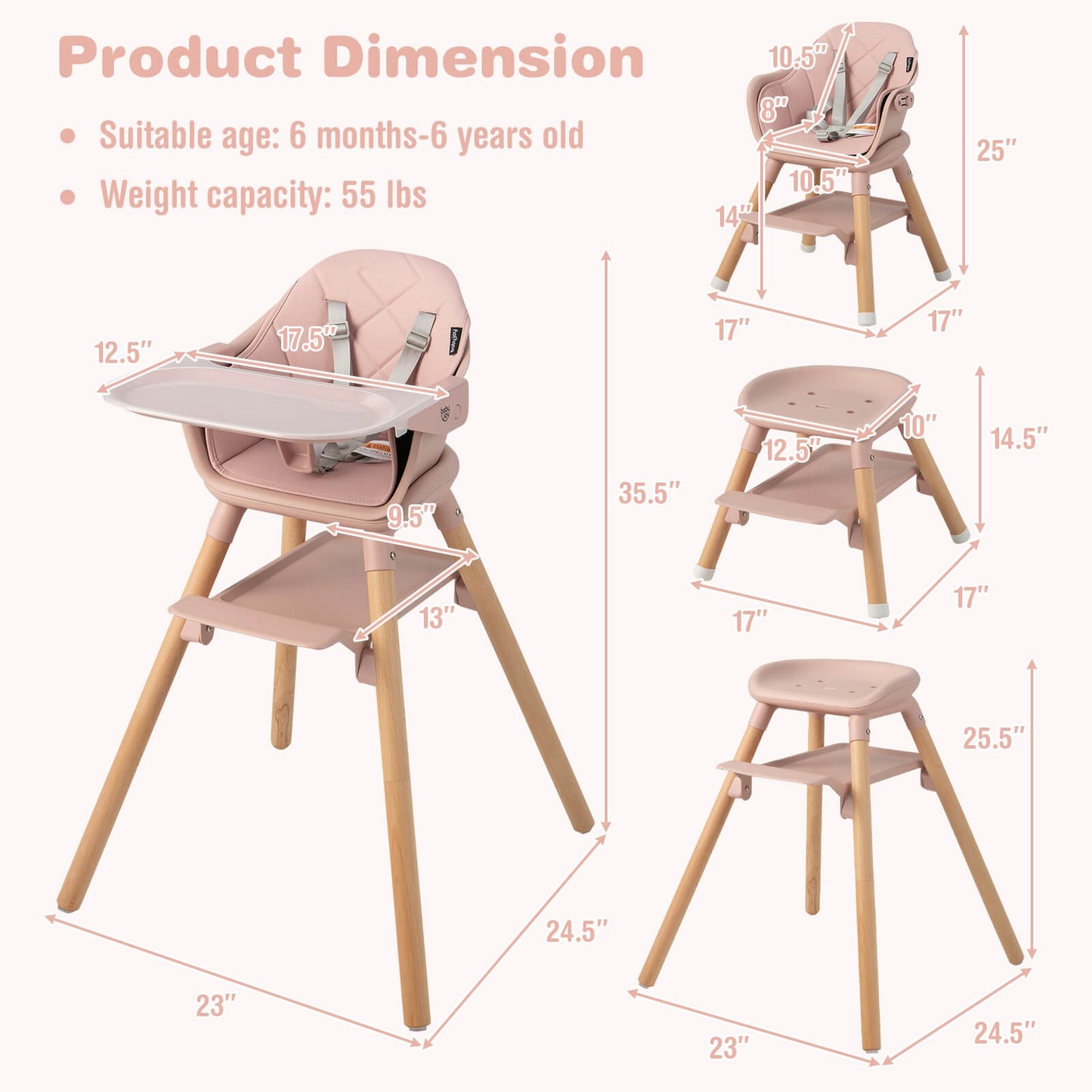 6 In 1 Convertible Highchair With Safety Harness, Removable Tray, Pink High Chairs at Gallery Canada
