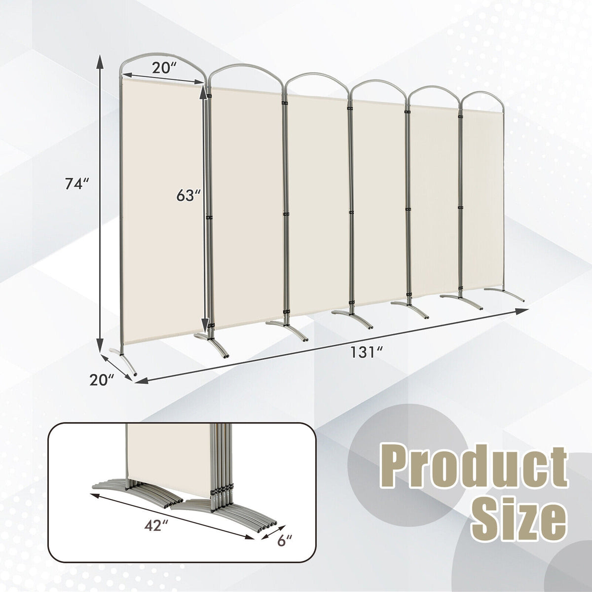 6 Feet 6-Panel Freestanding Folding Privacy Screen, White Room Dividers at Gallery Canada