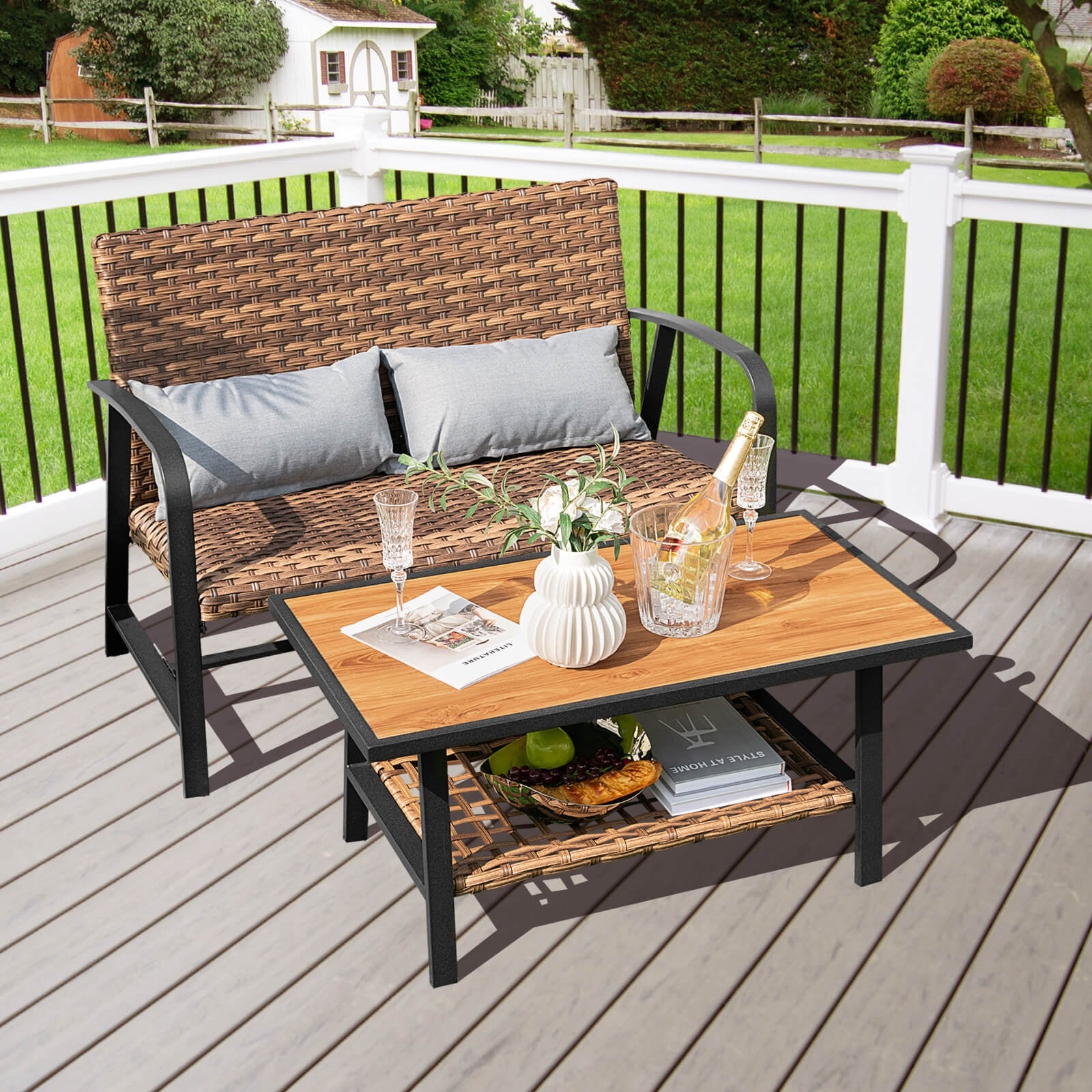 Patio Rattan Coffee Table Set, 2 Pieces, With Shelf And Quick Dry Cushion, Brown Patio Coffee Tables at Gallery Canada