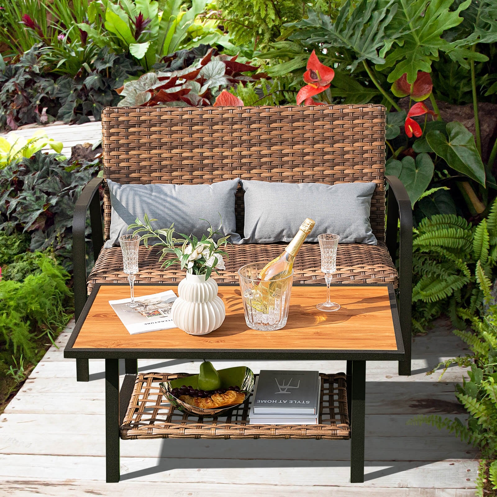 Patio Rattan Coffee Table Set, 2 Pieces, With Shelf And Quick Dry Cushion, Brown Patio Coffee Tables at Gallery Canada