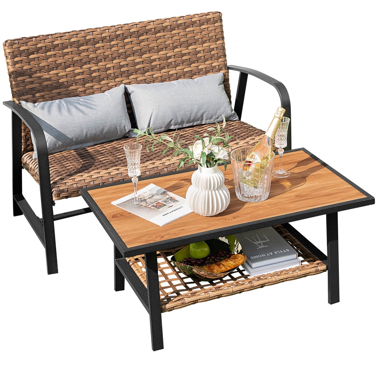 Patio Rattan Coffee Table Set, 2 Pieces, With Shelf And Quick Dry Cushion, Brown Patio Coffee Tables at Gallery Canada