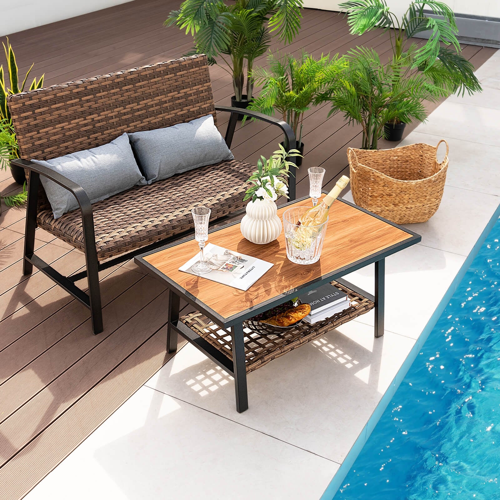 Patio Rattan Coffee Table Set, 2 Pieces, With Shelf And Quick Dry Cushion, Brown Patio Coffee Tables at Gallery Canada