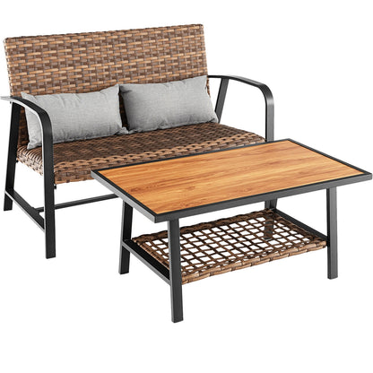 Patio Rattan Coffee Table Set, 2 Pieces, With Shelf And Quick Dry Cushion, Brown Patio Coffee Tables at Gallery Canada