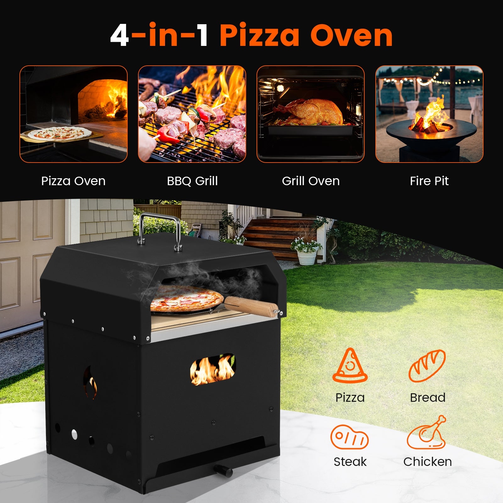 4-In-1 Outdoor Portable Pizza Oven, 12 Inch Pizza Stone, Black Outdoor Grills at Gallery Canada
